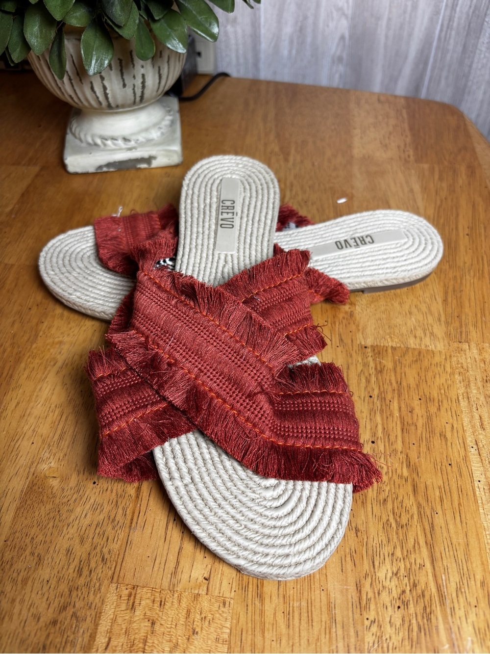 Crevo Rustic Red Fringe Slide Sandals Boho Beach